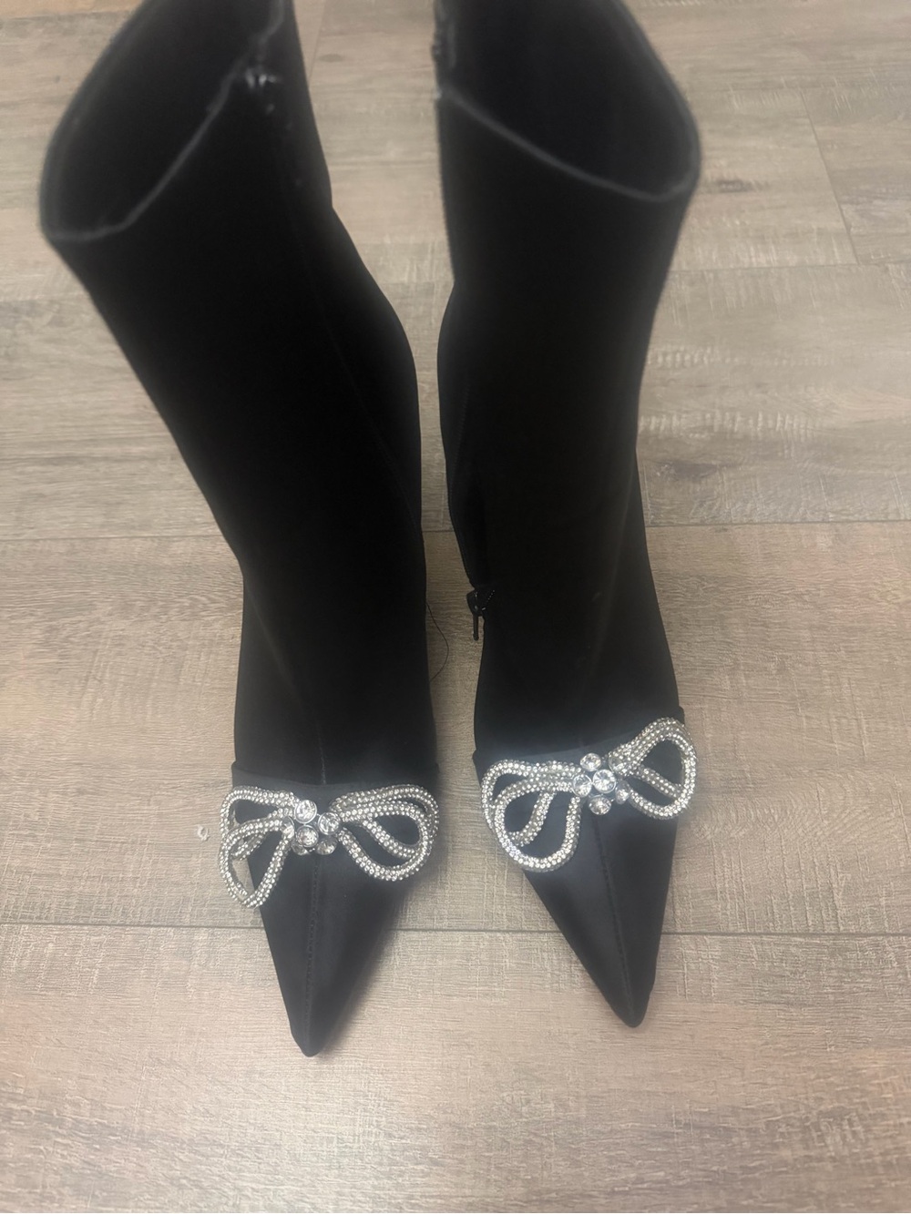 Steve Madden Black Pointed Toe Ankle Boots with Crystal Bow